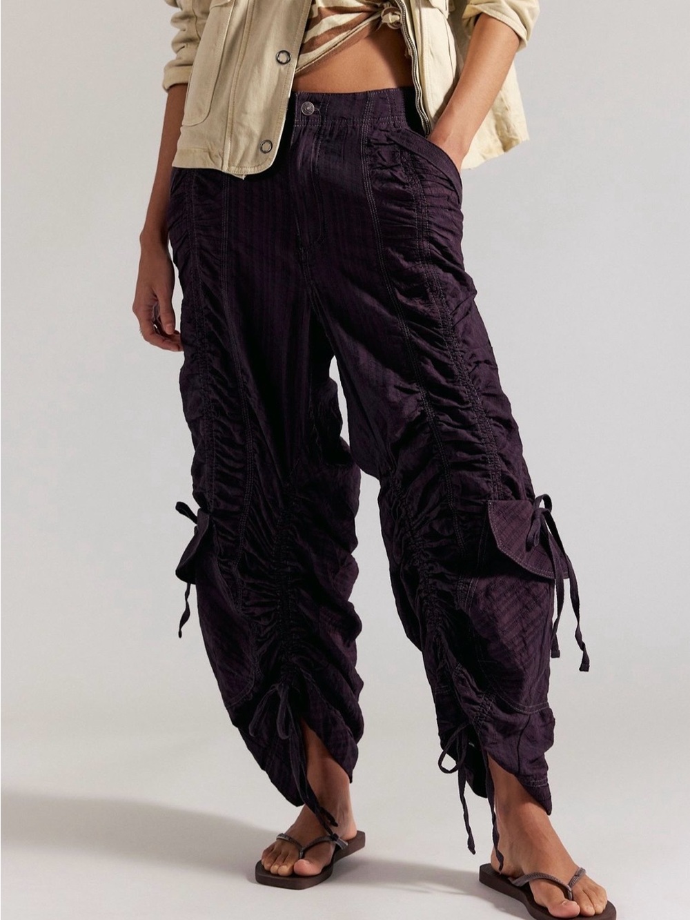 Free People Scorpio charred mid-rise Ruched Cargo Pants in Deep Plum